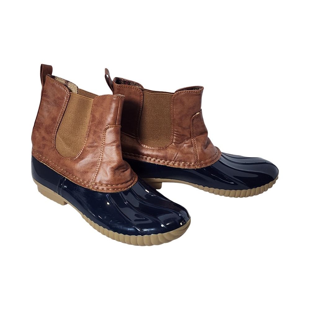 Yoki Womens Chelsea Duck Boots Navy Blue Tan Plaid Lined Rain Boots Size 7.5
